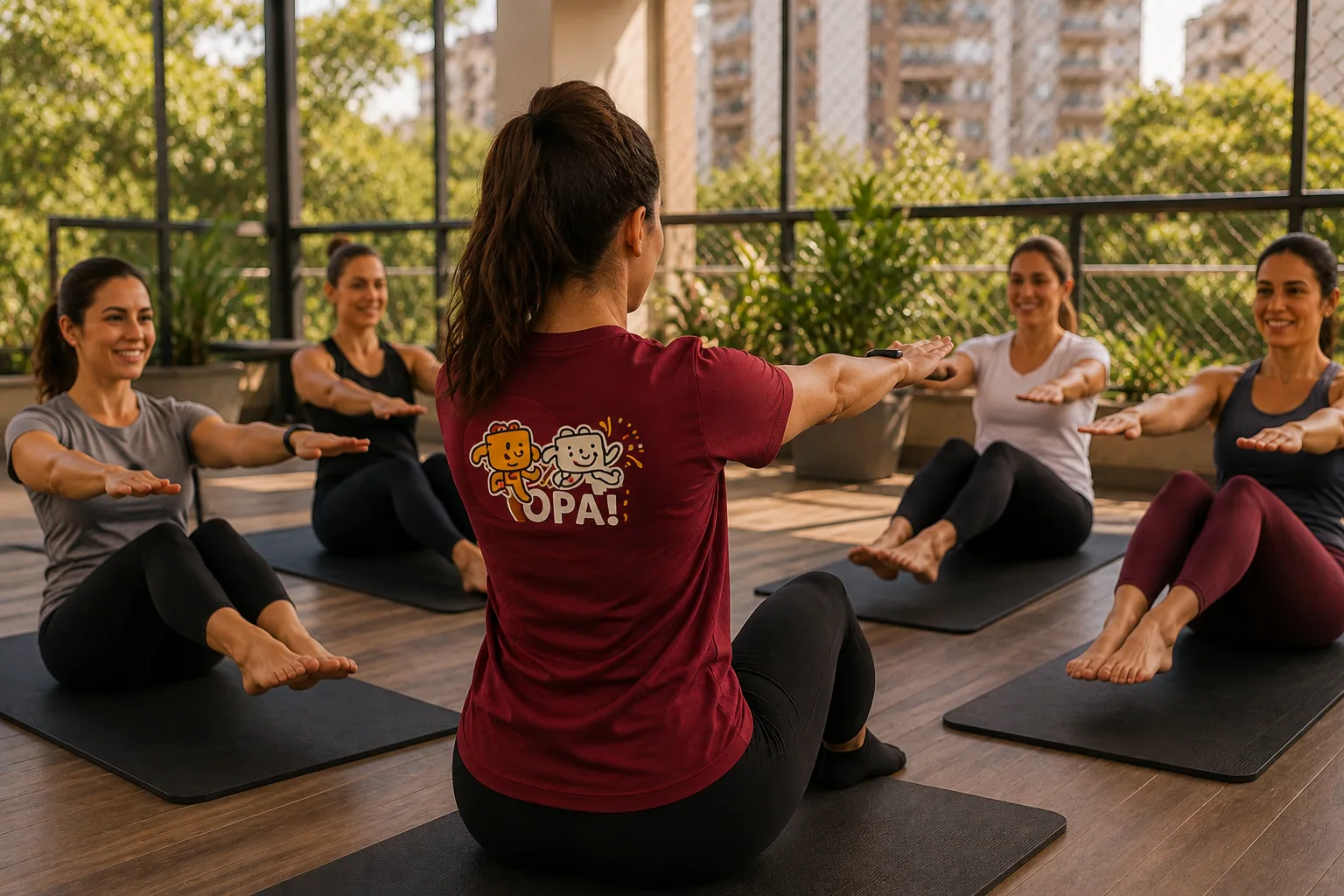 Professora da OPA! conduz turma de moradoras sentadas em colchonetes, braços estendidos à frente, num terraço envidraçado